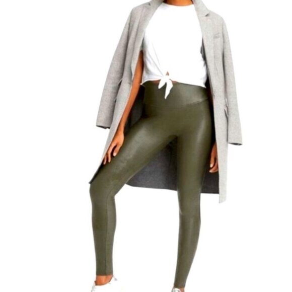 SPANX OLIVE GREEN FAUX LEATHER LEGGINGS - Picture 1 of 8